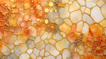 Ceramic mosaic pattern with yellow and orange flowers. Abstract background. Background alcohol ink arabesque bas relief. Alcohol ink art. Mixing liquid paints. Art for modern banners.  - obrazy, fototapety, plakaty