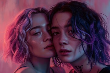 A self portrait of a lesbian couple, homosexual girls selfie, gay valentine day, valentine's of lgbtq women in a romantic relationship, two beautiful gorgeous females love, AI Generated.