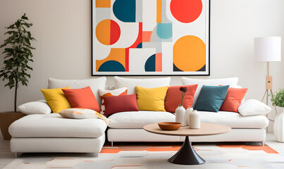 Colorful multicolored pillows on white corner sofa. Minimalist pop art style home interior design of modern living room.