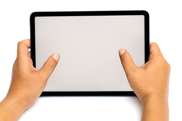 hand holding a computer tablet or smartphone with a white blank screen.