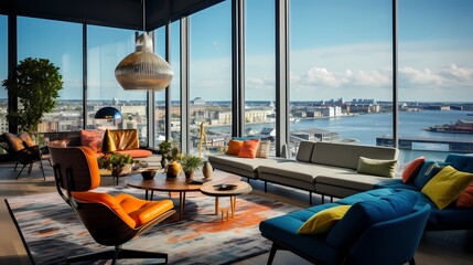 Fototapeta na wymiar Inviting lounge area with a mid-century sofa, vibrant accent chairs, and a panoramic view of Copenhagen's skyline
