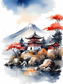 Japanese Landscape Watercolor Painting. Ai Generated