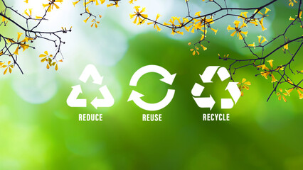 Reduce, reuse, recycle symbol on green bokeh background. Ecological and save the earth concept, An...