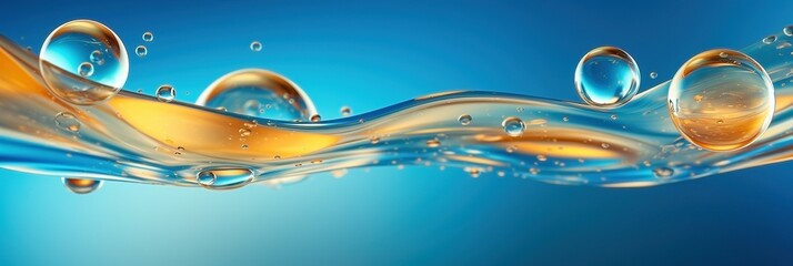 Golden oil bubbles on a blue water background banner