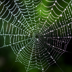 A close-up of a dew-covered spider web.