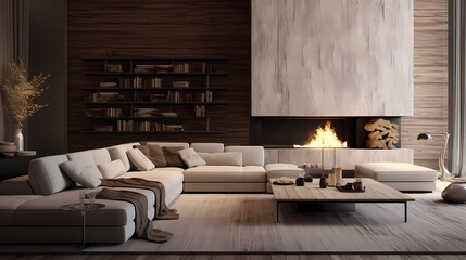 Inviting lounge space with a sectional sofa, layered textures, and a contemporary fireplace