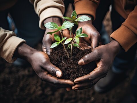 The hands hold a houseplant, a seedling with earth in the roots. The concept of supporting youth and beginnings.