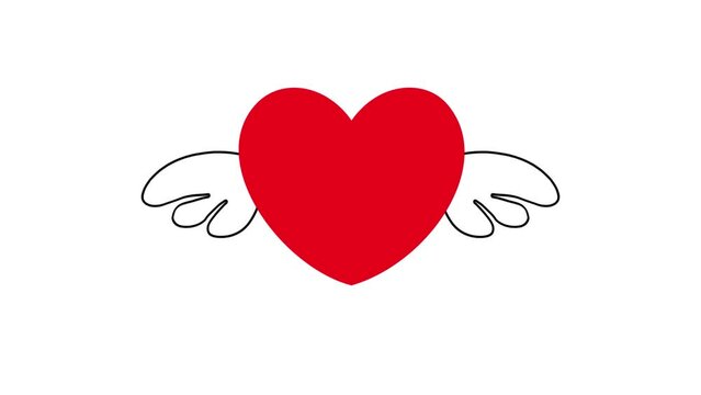 Flying Red Heart with Wings isolated on white background, 4k video animation