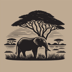 Elephant in the savannah. Engraving vintage vector illustration, monochrome black color. Woodcut - obrazy, fototapety, plakaty