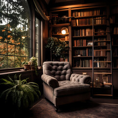 A cozy reading nook with bookshelves and a comfy chair.
