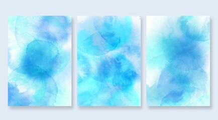 Watercolor background template collection. Abstract delicate watercolor in blue colors. Hand drawn illustration . Watercolour brush strokes. Flower backdrop. Art background for cards, flyer, poster