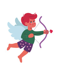Cartoon illustration cupid, cute smiling character, cupid shoots an arrow. love and valentine's day symbol. little angel with wings. vector illustration. 
