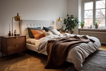 Inviting mid-century Copenhagen bedroom with a plush bed, warm textiles, and carefully curated decor elements