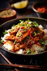 asian style spicy peanut butter chicken served over rice