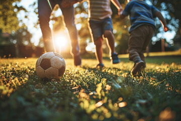a father and his children playing football in the garden