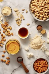 ingredients for peanut butter chicken, flat lay, White marble kitchen table