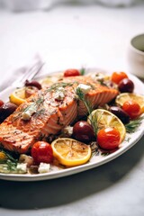 Fototapeta na wymiar oven baked greek salmon on a plate