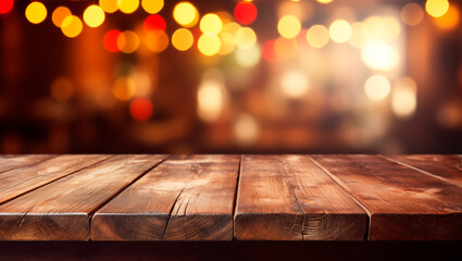 Old wooden table in dark blurred bar background. Copy space