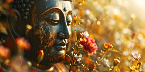Glowing buddha face with heaven light decorated with flowers