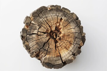 A close up of a chopped tree trunk wood, top view grungy, isolated on white background, realistic and high quality, generated by AI.