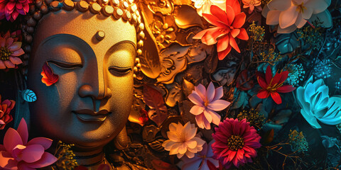 Glowing buddha face with heaven light decorated with flowers