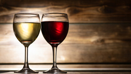 White and red wine on wooden background, copy space