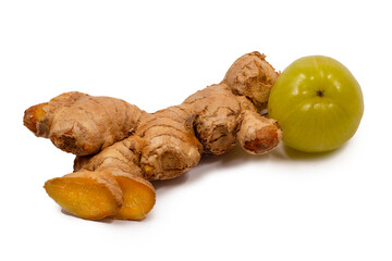 Amla and Fresh Ginger on white background, herb medical concept