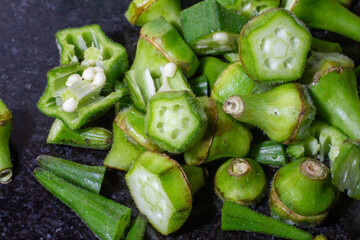 cut pieces of Okra. closeup photo.