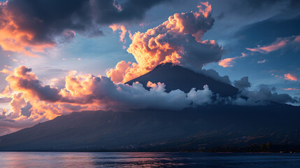 A photo of Bali's Mount Agung, with a dramatic sky as the background, at the break of dawn
