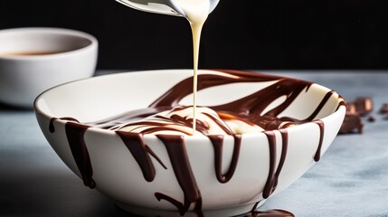 Elegant Simplicity White bowl filled with velvety milk, with a few drops of rich chocolate syrup swirling delicately, creating a delectable and tempting combination - obrazy, fototapety, plakaty