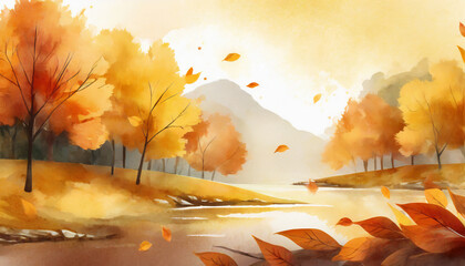 Naklejka na ściany i meble Yellow autumn background, copy space on a side, watercolor art style