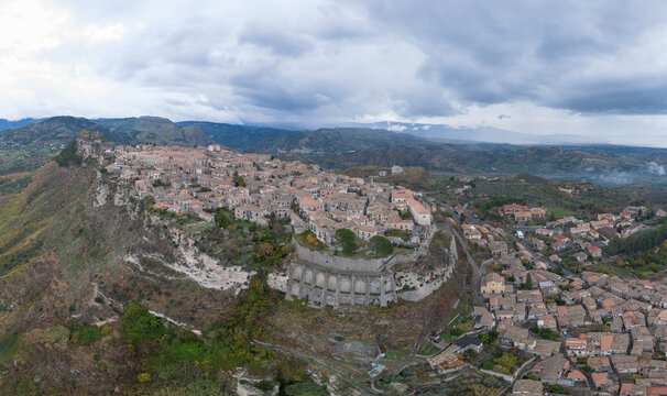 drone perspective of the picturesque mountain village of Gerace in Calabria