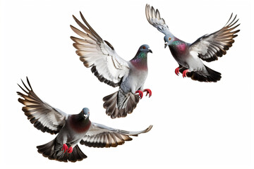group of pigeons flying isolated on white background - obrazy, fototapety, plakaty