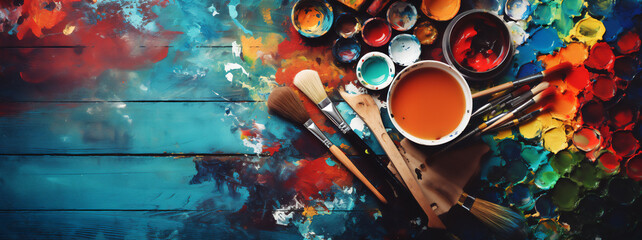 A vivid display of spilled artist palette oil paints and  brushes arranged on blue wooden boards capturing the essence of artistic chaos, stock illustration image - obrazy, fototapety, plakaty