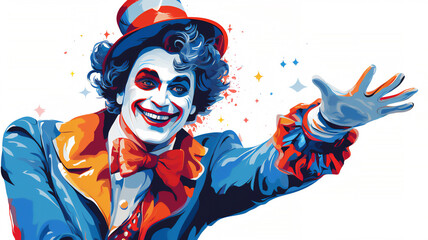 Cartoon of a clown face portrait, the joker wears a grinning smile with laughter in his eyes and a red nose, adding a twist to the circus spectacle, stock illustration image - obrazy, fototapety, plakaty