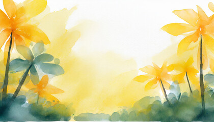 Yellow summer background, copy space on a side, watercolor art style