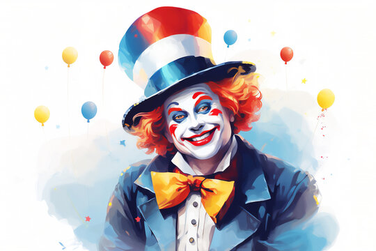 Cartoon of a clown face portrait, the joker wears a grinning smile with laughter in his eyes and a red nose, adding a twist to the circus spectacle, stock illustration image