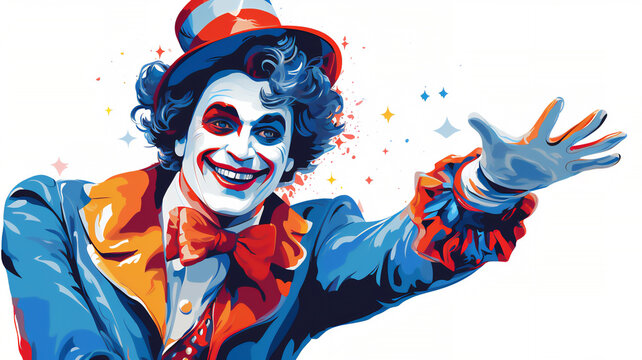 Cartoon of a clown face portrait, the joker wears a grinning smile with laughter in his eyes and a red nose, adding a twist to the circus spectacle, stock illustration image
