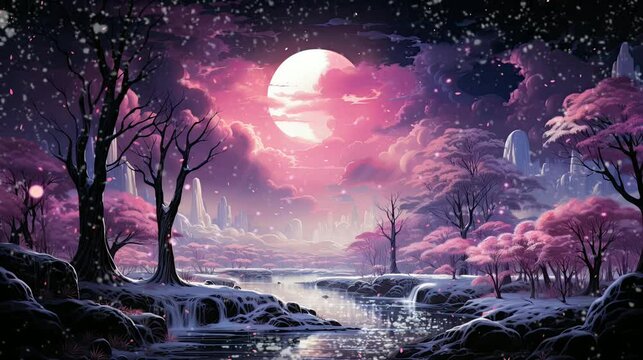 beautiful view with watercolor anime style. Seamless looping, 4k time lapse video, animation background