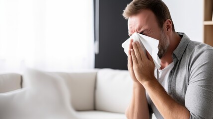 Ill or sick men with allergy sinus infection sneezing. Copy space.