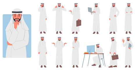Saudi man. Arab business character, Arabian businessman from uae, arabia, working and standing Muslim male. Hold laptop and briefcase. Sitting at desk and works on computer. Vector flat set