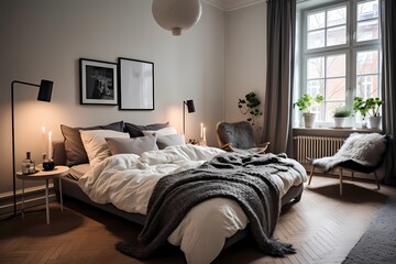 Inviting mid-century Copenhagen bedroom with a plush bed, warm textiles, and carefully curated decor elements