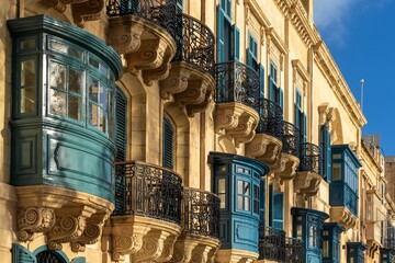 view of the typical colourful Gallarijas or enclosed balconies in downtown Valletta in Malta
