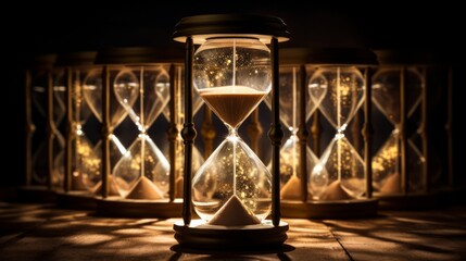 Sand running through the bulbs of an hourglass measuring the passing time in a countdown to a deadline, on a dark background. Neural network AI generated art