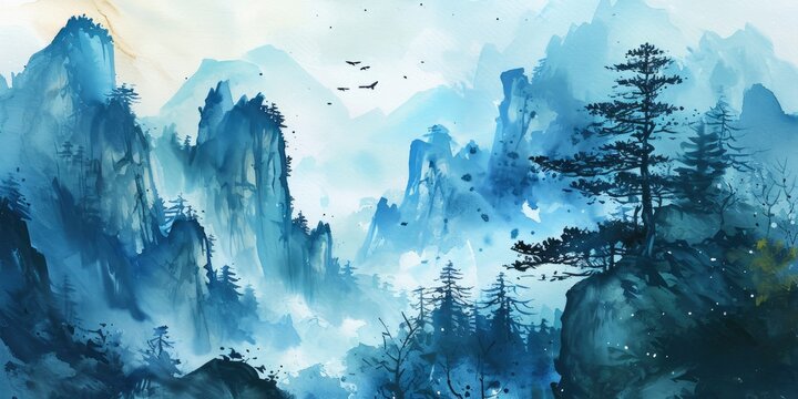 Mountain scenery, Watercolor. Chinese or Japanese Blue Mountains. Landscape of foggy mountains in the early morning