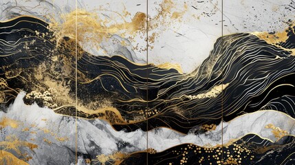 White, black and gold contemporary artistic Japanese ukiyo-e, folding screen ambience, abstract, elegant, delicate and luxurious retro dramatic graphic design elements