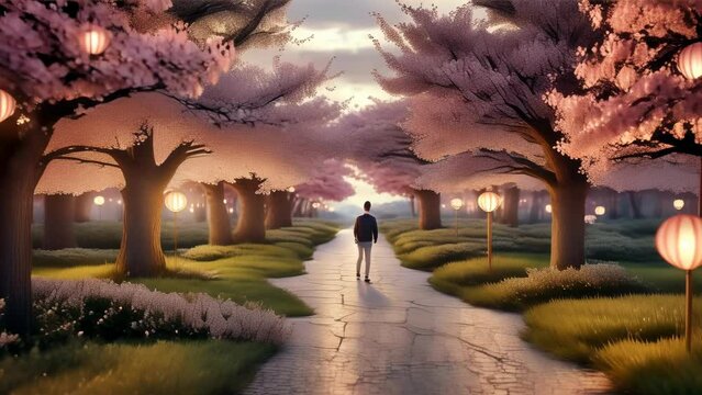 A lone figure walks along a cobblestone path lined with fully bloomed cherry trees at dusk. 