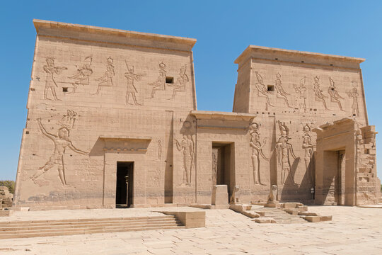 Aswan, Egypt - A view of the entrance to the Philae Temple in Aswan.
