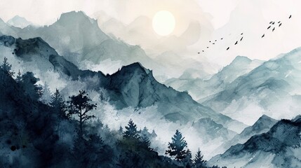 A watercolor landscape of serene mountains, inspired by the Chinese style of classical traditional ink painting.