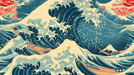 A vintage style japanese crashing wave background. Seamless pattern - obrazy, fototapety, plakaty